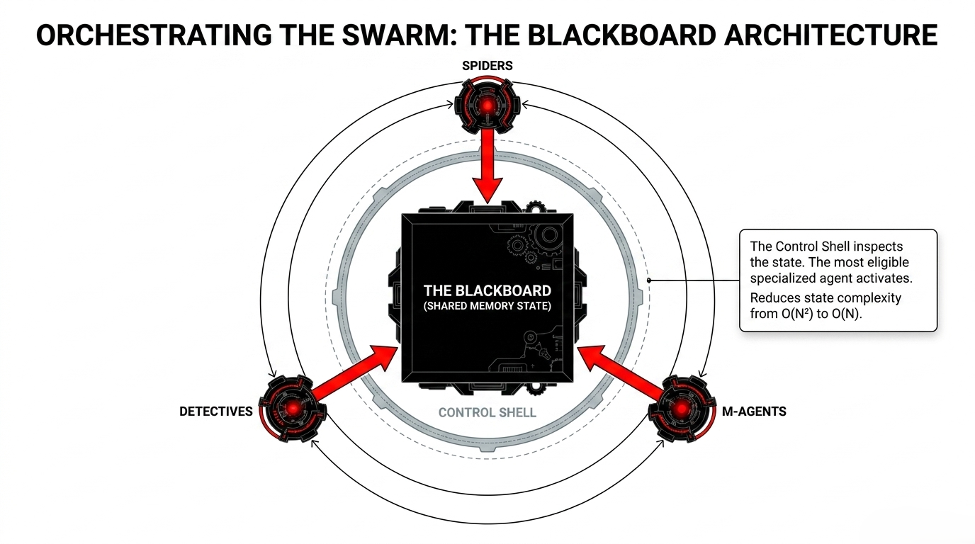 Blackboard architecture coordinating spiders, detectives, and M-agents