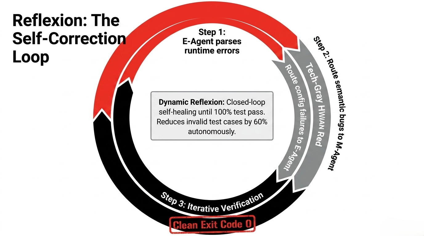Reflexion loop routing runtime failures into iterative verification