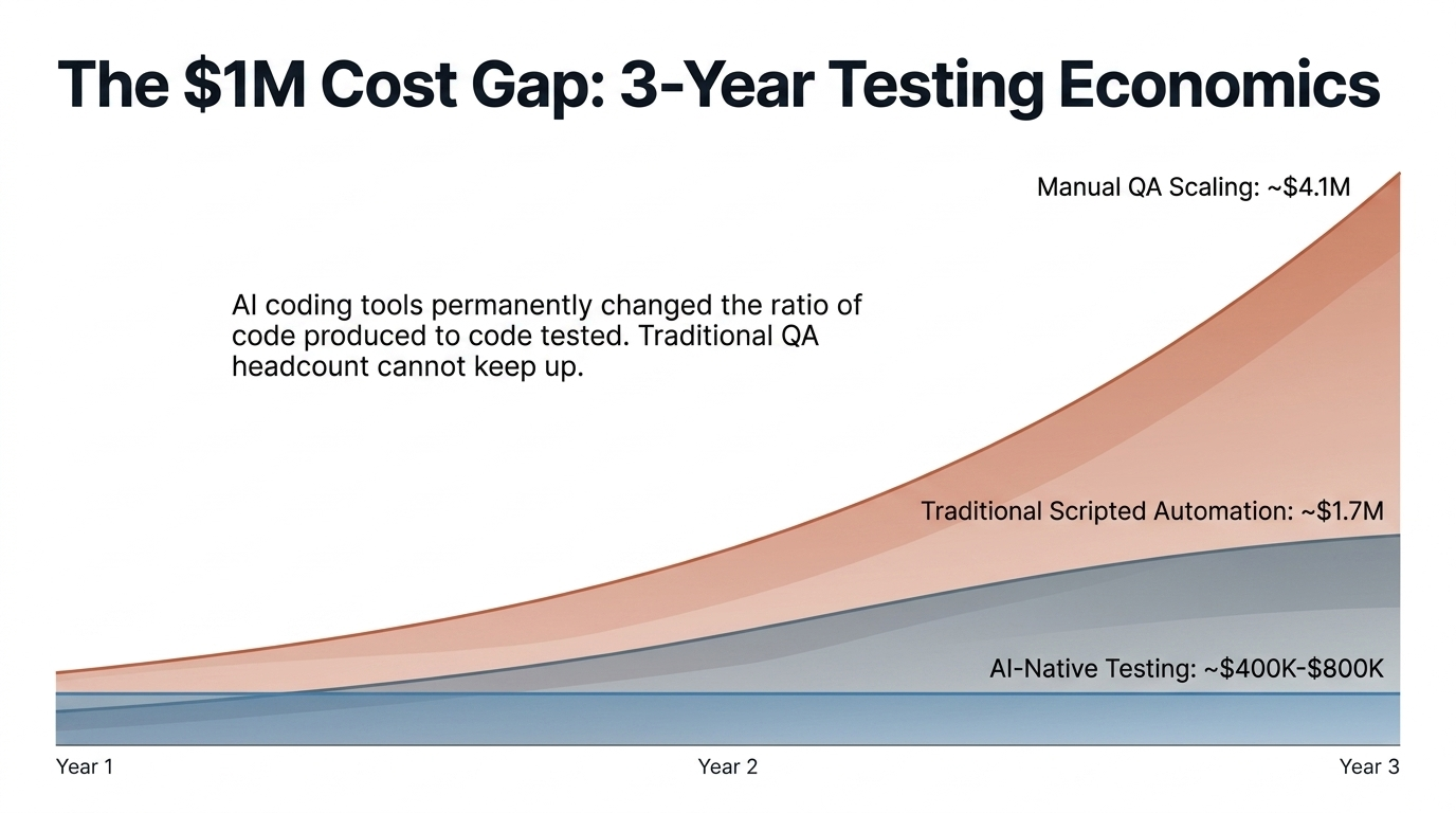 Three-year testing economics comparing manual QA, scripted automation, and AI-native testing