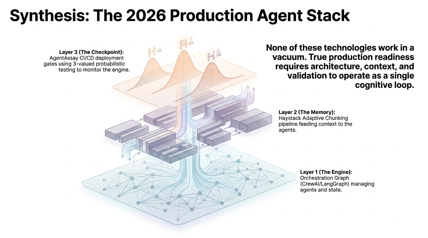 Three-layer production agent stack with orchestration, adaptive memory, and probabilistic checkpoints
