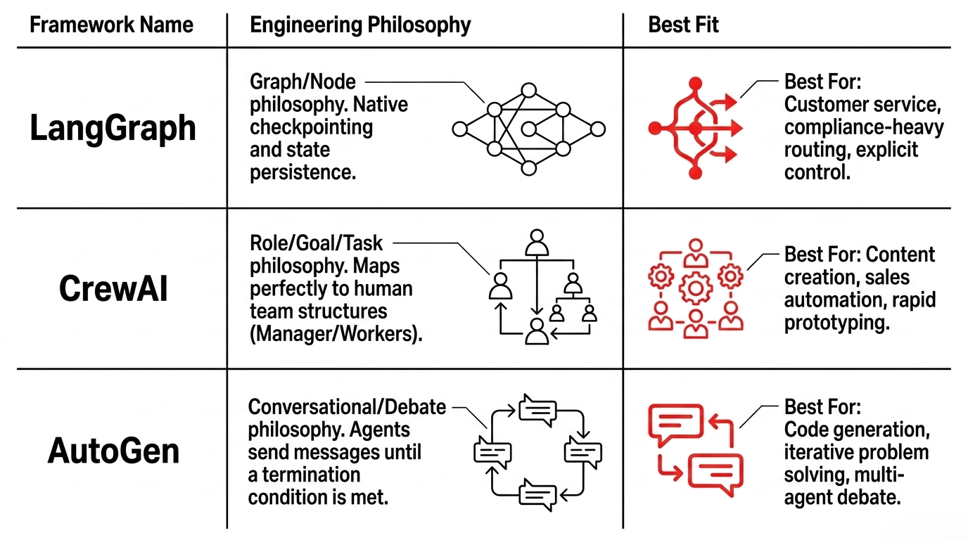 LangGraph, CrewAI, and AutoGen compared by engineering philosophy and best fit