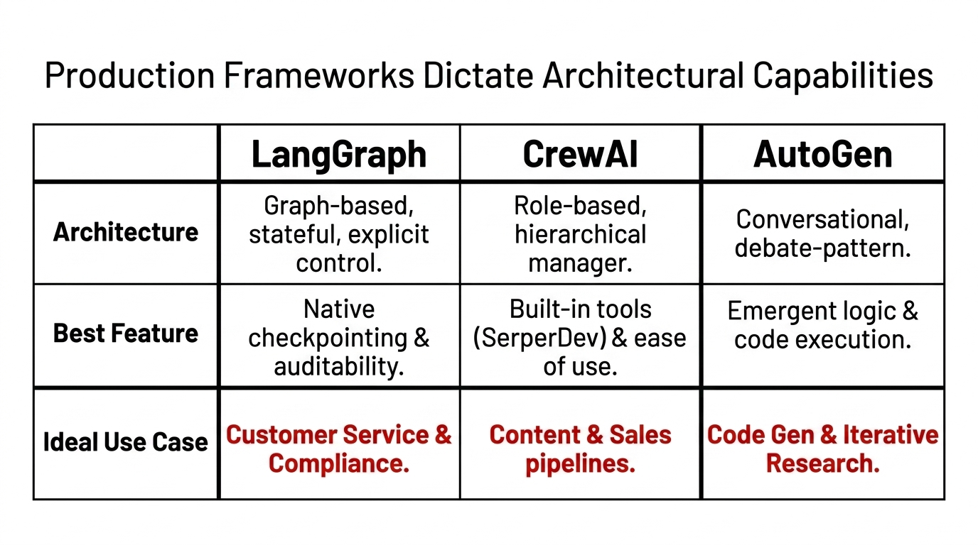 Framework comparison across LangGraph, CrewAI, and AutoGen