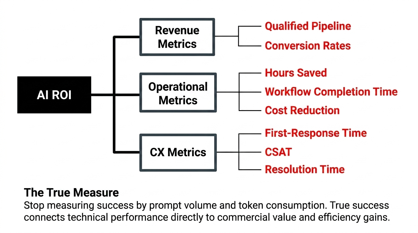 AI ROI tree connecting revenue, operational, and customer-experience metrics