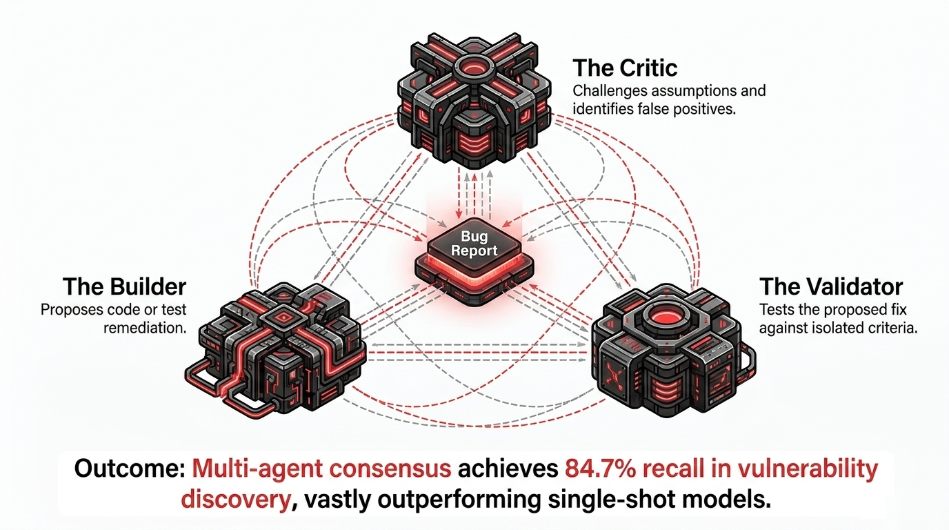 Builder, Critic, and Validator agents reaching consensus on a bug report