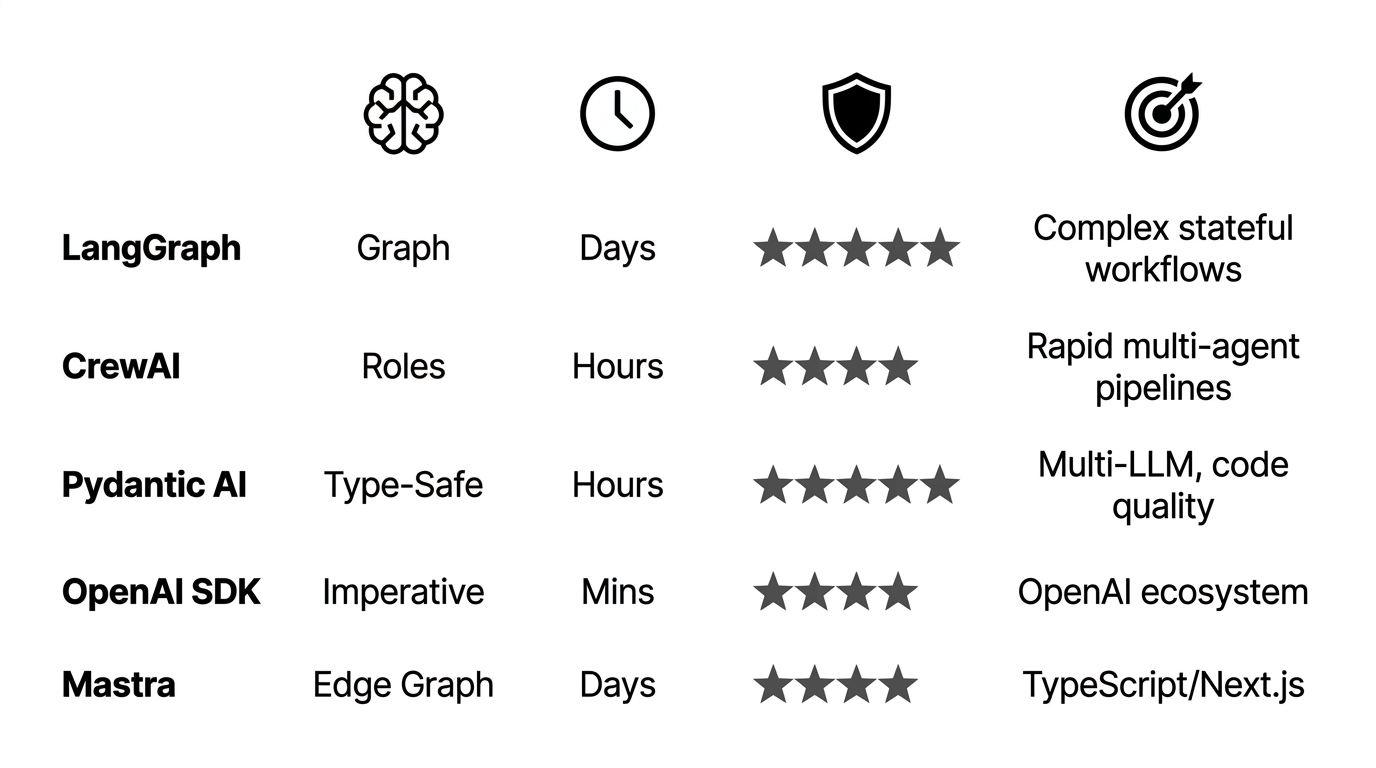 Comparison matrix for LangGraph, CrewAI, Pydantic AI, OpenAI SDK, and Mastra